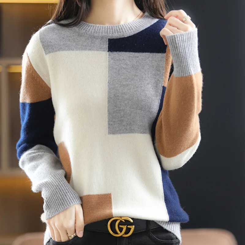 

Autumn Winter Sweaters Color Matching Round Neck Pullover New Ladies Knitted Tops All-Match Bottoming Women's Clothing Fashion