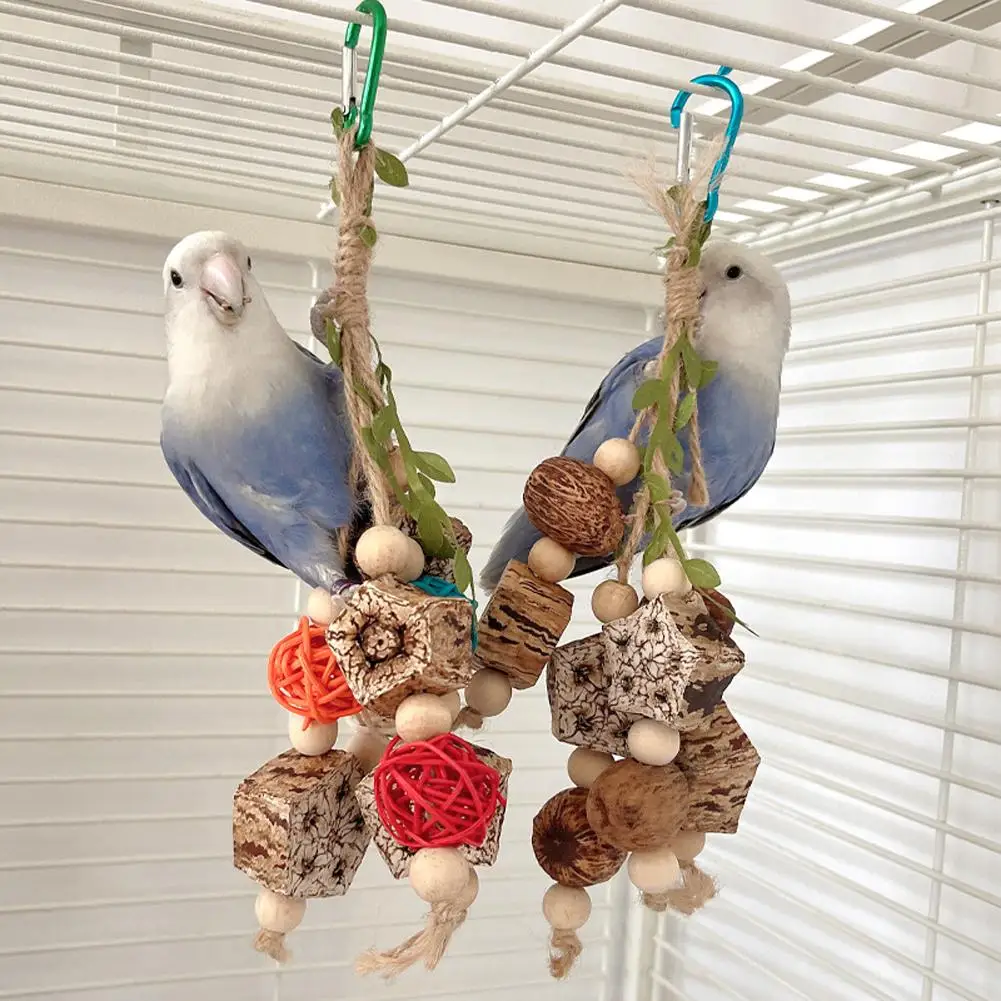 

PET Colorful Wooden Hanging Chew Toys Rattan Ball Wooden Beads Bird Cage Accessories For Relieving Boredom