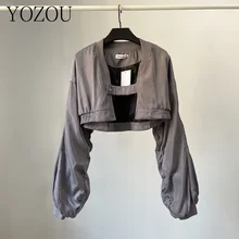 [YOZOU] 럭셔리 디자인 봄 겉옷 단색 블랙 그레이 짧은 크롭 봄버 재킷 코트 동대문 한국 빈티지 탑 여성