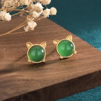 2022 new simple gold stud earrings ancient gilt natural green chalcedony agate cat ears cute earrings for women jewelry gift
