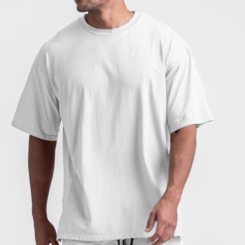 

Мужская быстросохнущая Однотонная футболка с коротким рукавом и открытыми плечами, свободная футболка с круглым вырезом и разрезом, модель...