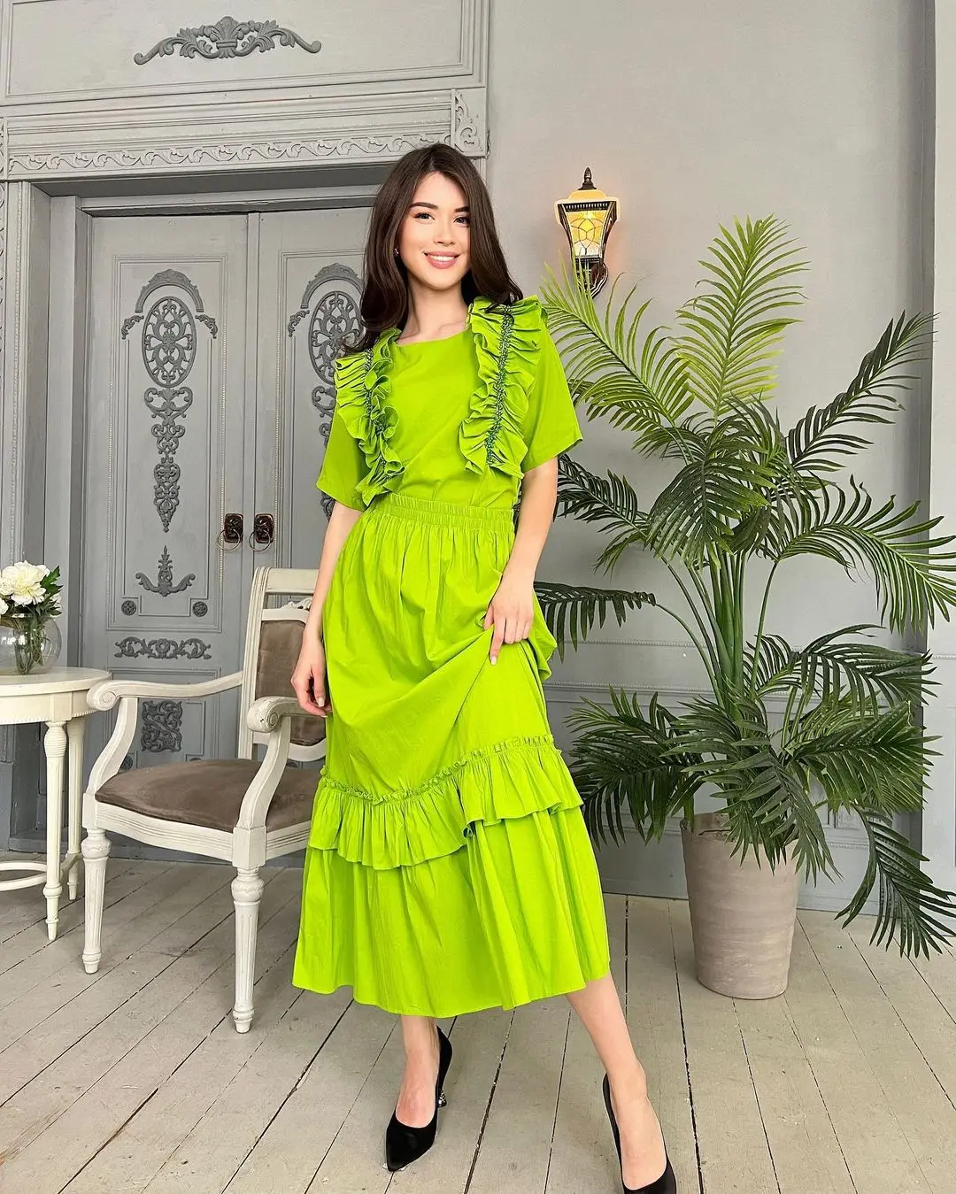 

Glory Green Beads Prom Dresses 2023 Ruffle A-Line Short Sleeves Ankle-length Vestidos De Formal Occasion Dresses