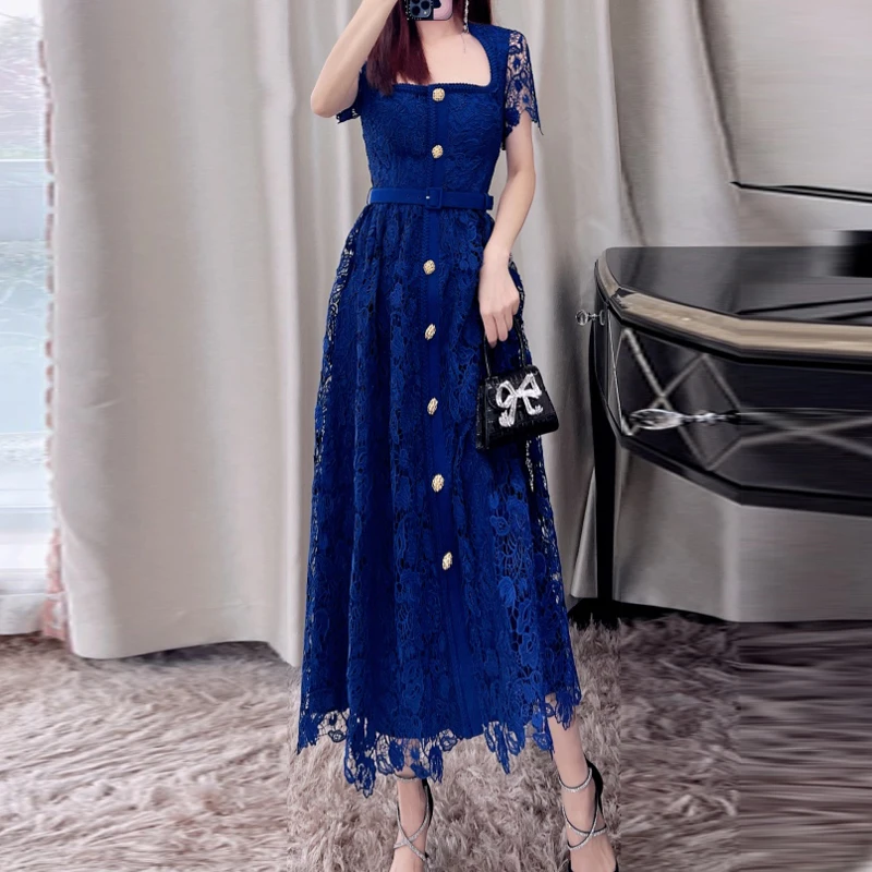 

QHZ весенне-летнее дизайнерское модное элегантное женское платье с квадратным вырезом на пуговицах тонкий пояс с вышивкой роскошное кружевное платье