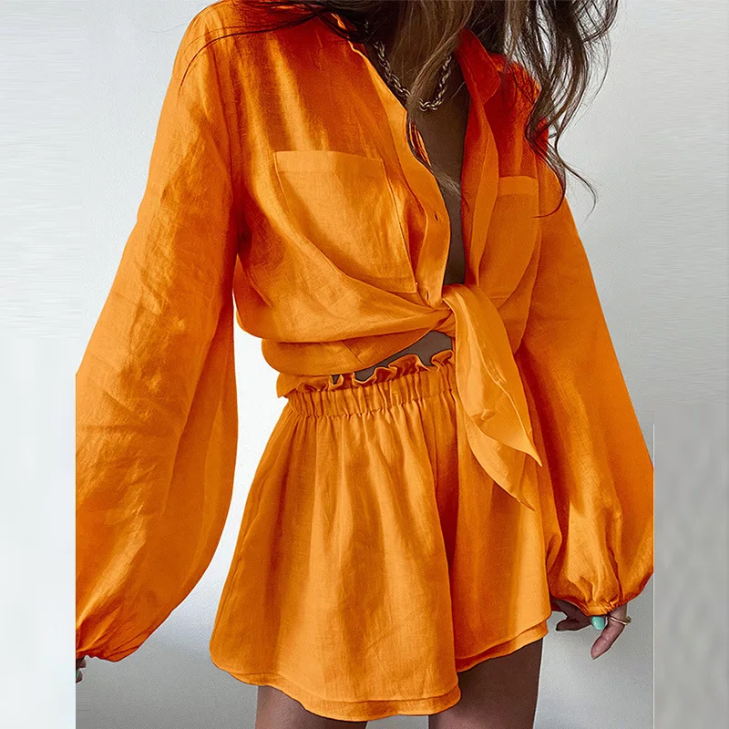2023 Summer New Women's Casual Fashion Solid Color Lantern Sleeve Short Shirt Ruffle Shorts Long-sleeved Suit Two Peice Sets
