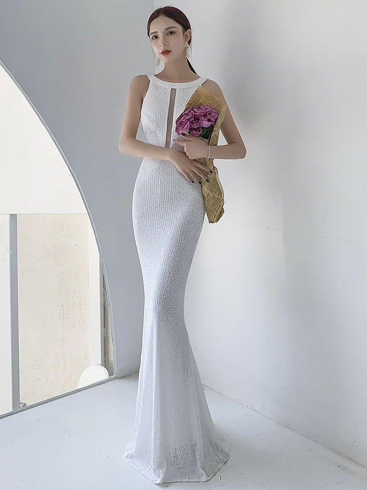 

Вечернее платье рыбий хвост, женский стиль, банкетное платье знаменитости, белое с вырезом, высокое качество, элегантное, маленькое, стандартное роскошное, высокое