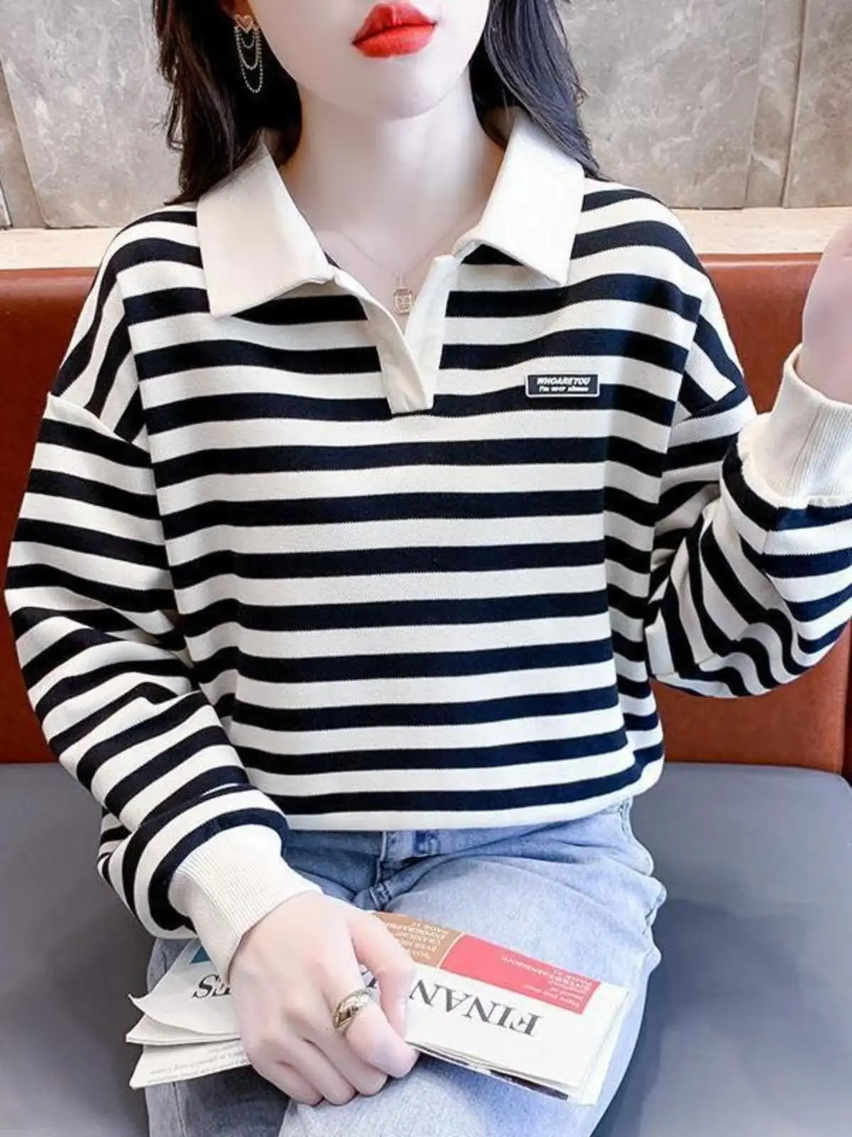 Корейская женская толстовка с воротником-поло в полоску и длинными рукавами