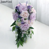 janevini purple bride teardrop wedding bouquet waterfall artificial rose bridal hand flowers wedding photo props flores de seda
