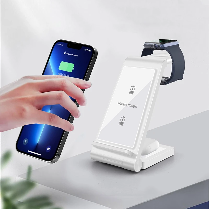 

Беспроводное зарядное устройство 3 в 1 15 Вт Qi, быстрая Беспроводная зарядка, держатель для телефона, складное зарядное устройство для Iphone 14 13 ...