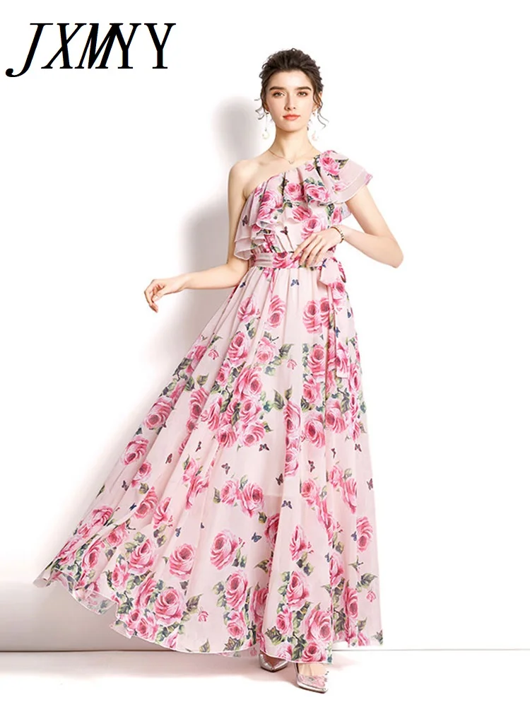 

JXMYY 2022 весенне-летние модные новые продукты элегантное темпераментное платье с одним плечом и принтом с рюшами Женская одежда