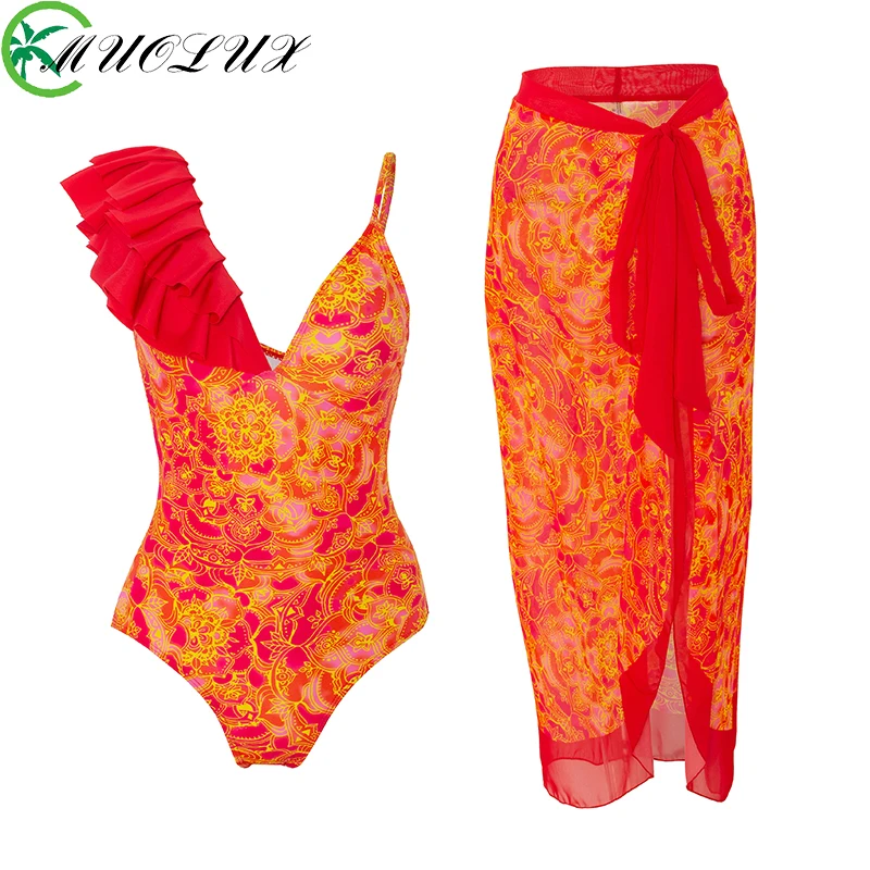 

MUOLUX 2023, сексуальный цельный купальник, юбка для женщин, винтажный купальник пуш-ап с оборками, пляжная одежда с принтом, летний купальный кос...