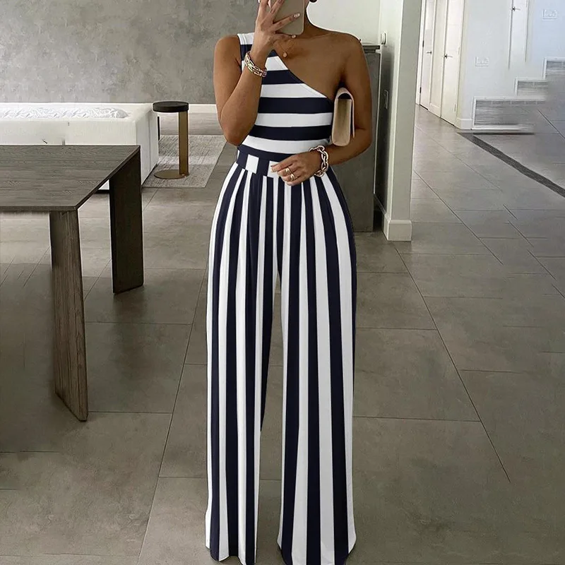 

Женский элегантный комбинезон в полоску, Свободный комбинезон, Модный Корсет на одно плечо с высокой талией, широкие брюки без рукавов, один...