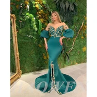 haowen elegant dubai evening dresses v neck appliques beaded half sleeves mermaid arabic prom gown wedding party dress
