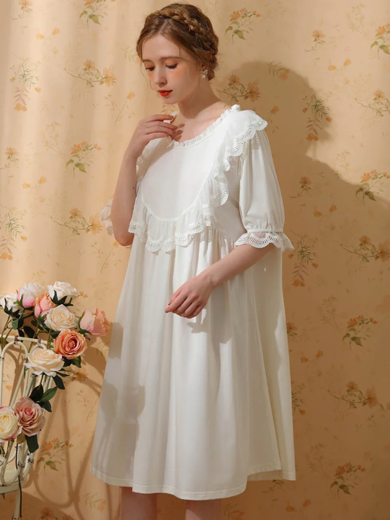 Women Princess Pajamas Girls Short Sleeve Cotton Doll Lolita Sweet Cute French Vintage Nightdress Fairy Victorian Home Sleepwear