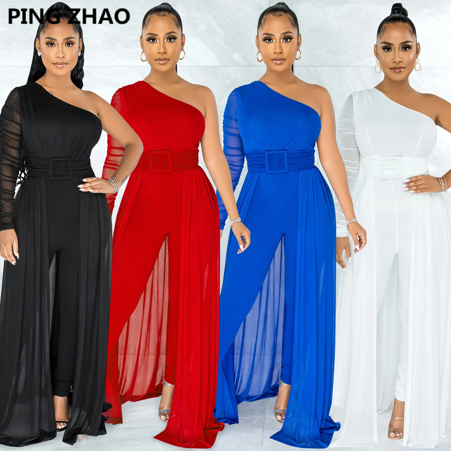 

PING ZHAO Mesh Patchwork Dresss Style High Waist Jumpsuit for Women One Shoulder One Sleeve Party Club Sexy Playsuit