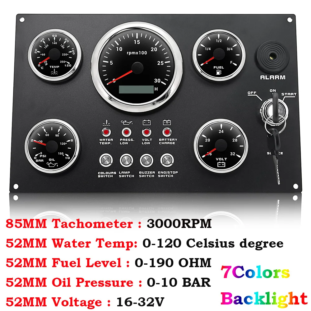 

Приборная панель лодки, 5 манометров, панель переключателей, 85 мм, тахометр, 3000–8000 об/мин + 52 мм, вольтметр, пресс для масла, измеритель уровня топлива по индивидуальному заказу