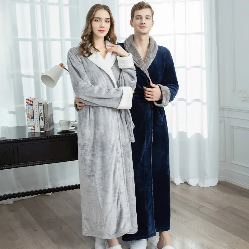 Solid Autumn Winter Long Couple's Dressing Gown Warm Flannel Bath Belt Robes Night Sleepwear Women Men