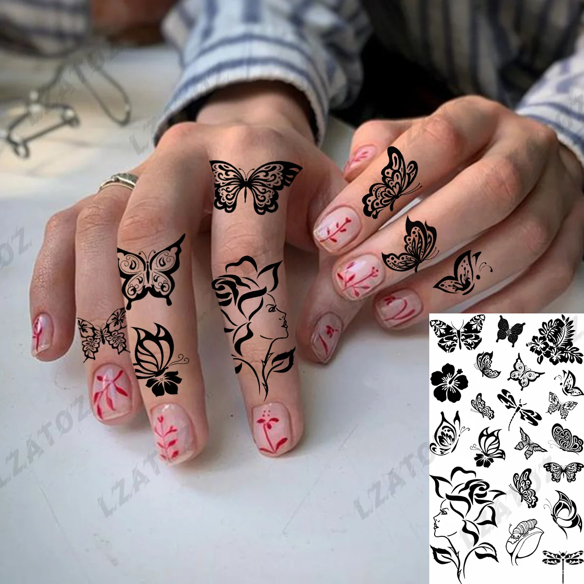 

Черная бабочка временные татуировки для женщин взрослые реалистичные розы цветок искусственная Татуировка наклейка на палец моющиеся Мал...