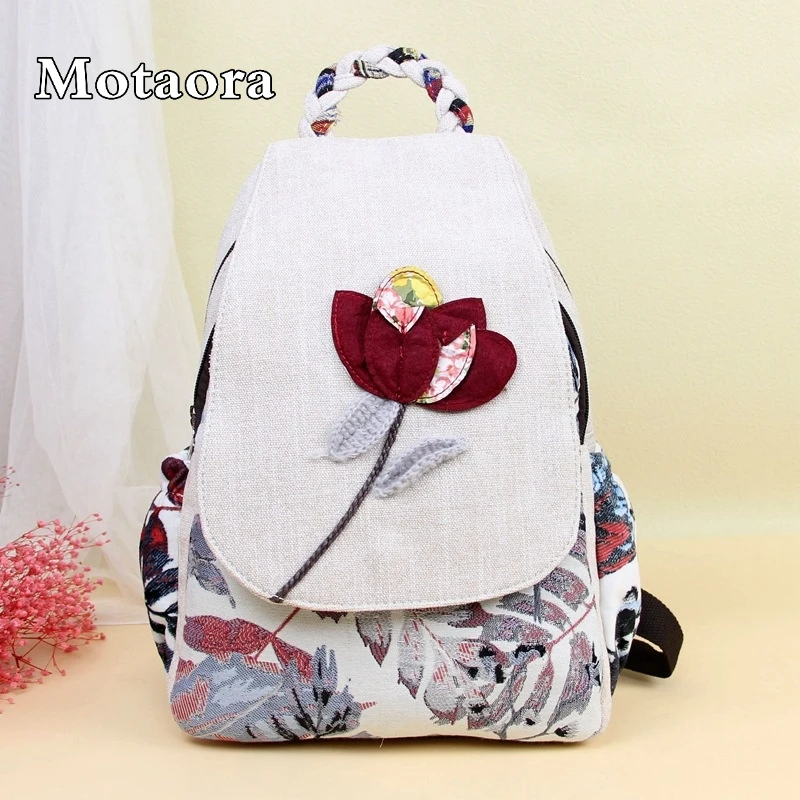 

MOTAORA Vintage Large Capacity Travel Schoolbag New Casual Canvas Backpack Women Hand Woven Zipper Flower Print Schoolbag Girl