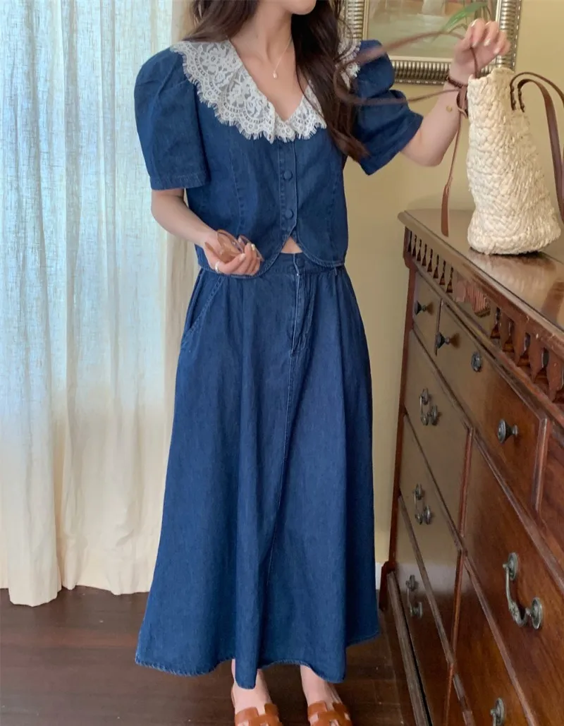 

2022 Summer Fashion French Temperament Lace Stitching Puff Sleeve Denim Shirt Tops+ Skirt Suit 2 Piece Sets