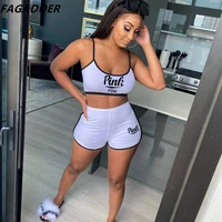 fagadoer casual fitness pink letter print two piece sets women strap sleeveless crop top and biker shorts tracksuits female 2022