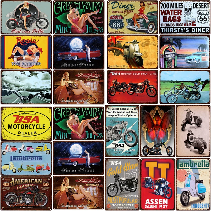 

Мотогонки Электрический мотоцикл винтажный Настенный декор плакат Металлические знаки Оловянная фотография мой гараж художественная жел...