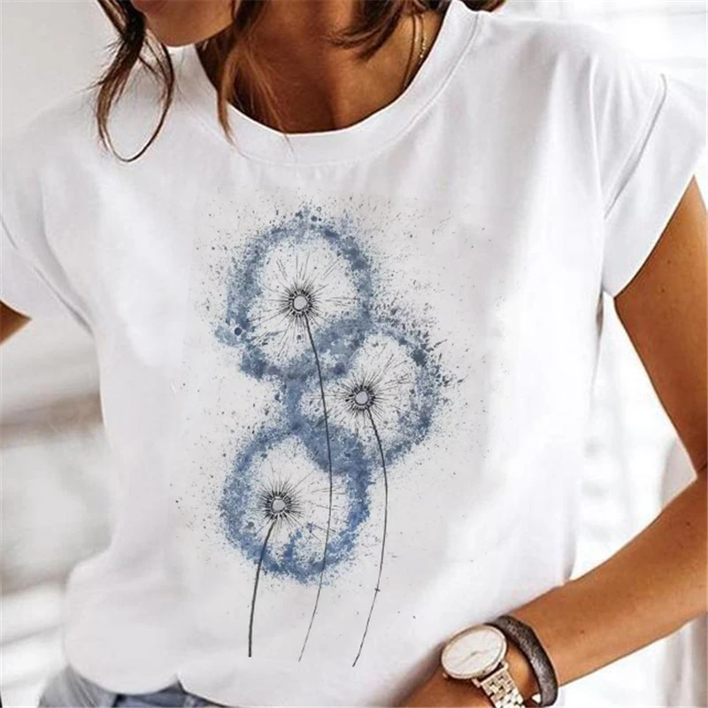 T-shirt manches courtes motif pissenlit pour femme  vêtement à la mode  dessin animé  aquarelle