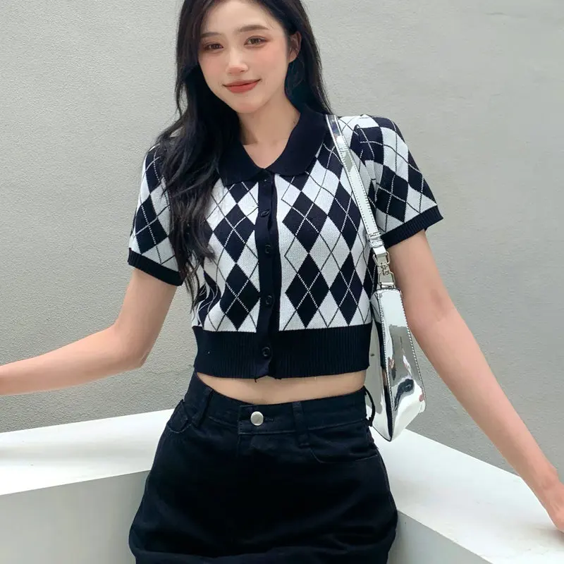 

Retro Argyle Crop Top Cardigan Women Korean Preppy Style Knitted Sweater Tops Female Slim Turn-down Collar Vintage T Shirt