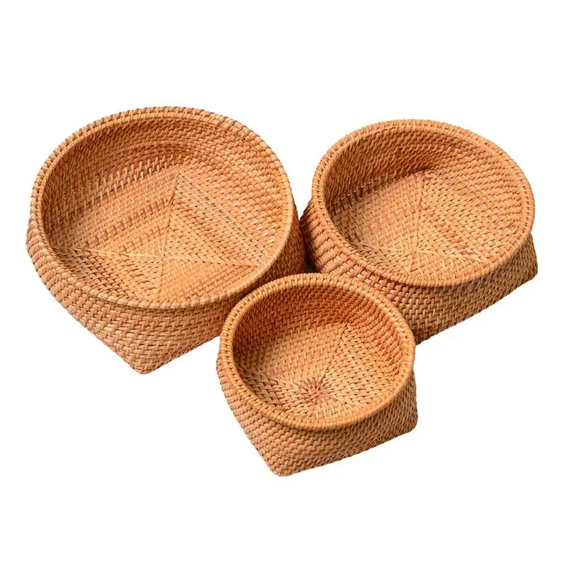 

3PCS SetNatural Rattan Round Fruit Dish Rattan Bread Basket Wicker Tabletop Bread Serving Tray Weaving Food Storage Bowls 2023
