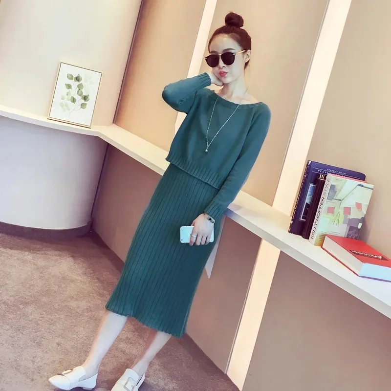 Корейский женский комплект из двух предметов Vestidos джемпер вязаное платье
