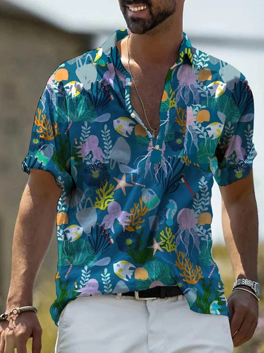 

Men's Hawaiian Submarine Coral Fish Print Leisure Short Sleeve Shirt
