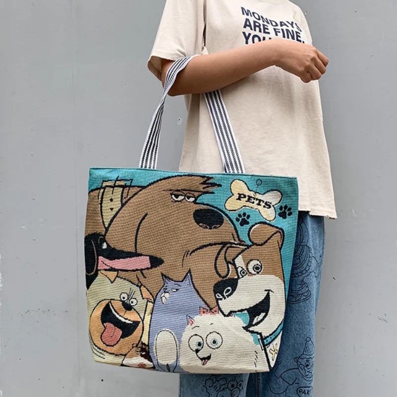

Women's Ethnic Cartoon Embroidery Canvas Handbag Female Casual Tote Large Capacity Shopping Bag Reusable Folding Shoulder Bags