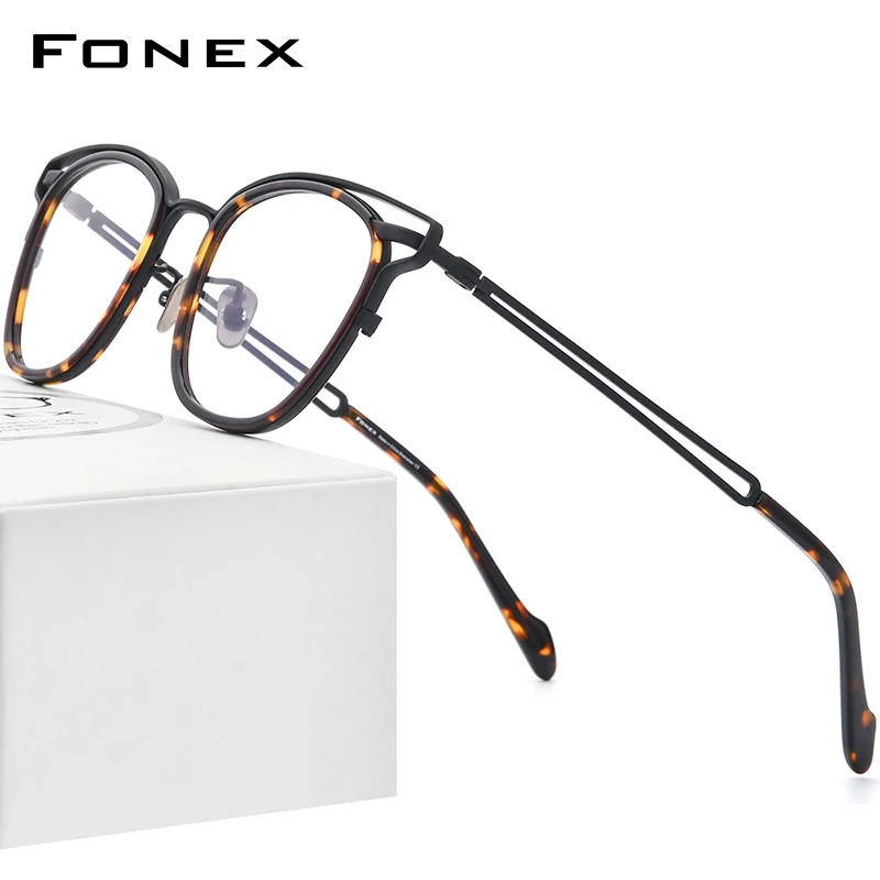 FONEX Acetate Titanium Eyeglasses Frame Men 2022 Vintage Oversize Square Prescription Glasses Women Spectacles Eyewear 90060