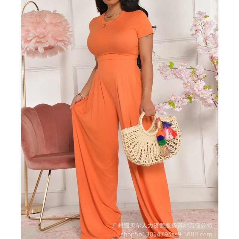 

Women Solid Color Skinny Suit Fashion Short Sleeve O-Neck Pullover T-shirt High Waist Wide Leg Pants Trousers Suit 2 Piece Suit