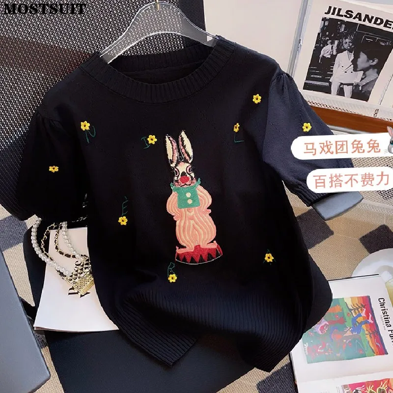 

2023 Summer Black Embroidered Knit Sweater Tops Women Stylish Fashion Chic Pullover Knitwear Short Sleeve O-neck Ladies Jumpers