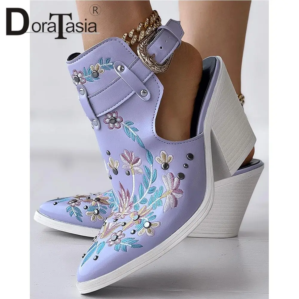 Brand New Ladies Pointed Toe Slingback Pumps Fashion Buckle Embroider Flower Chunky High Heels women's Pumps Party Woman Shoes
