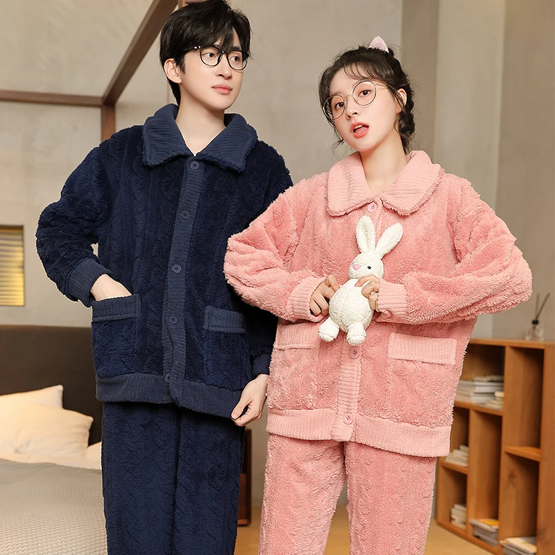 Winter Warm Couple Pajamas Man Women Fashion Thick Sleep Wear Solid Color Home Clothes Sleepwear