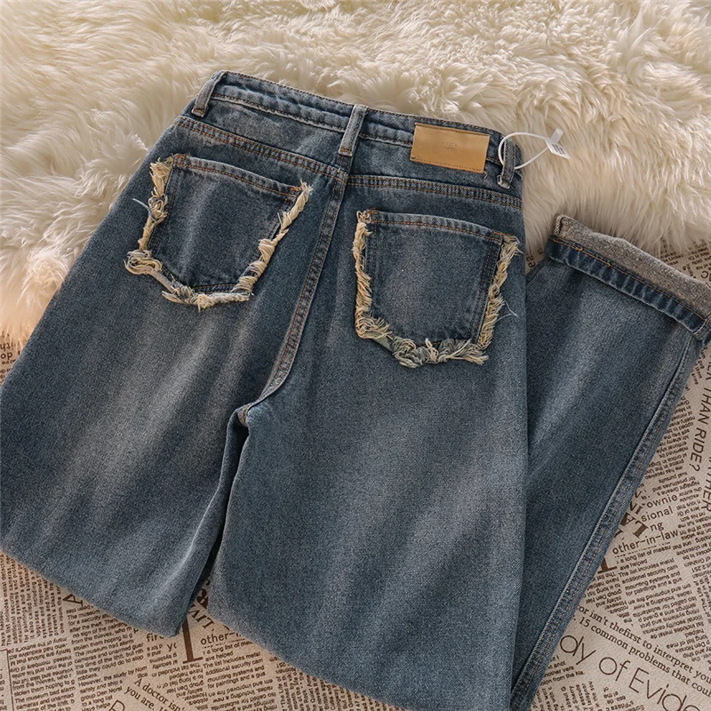 90's Retro Button Pants Wide Leg Mom Pants Women's Korean Fashion Jeans Blue High Waist Loose Raw Edge Pocket Straight Trousers