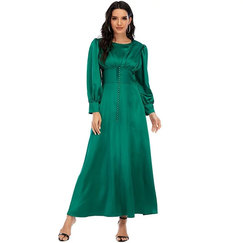 Мусульманское платье для женщин, женское элегантное атласное однотонное платье с бусинами на талии, модная одежда с длинным рукавом в ислам...