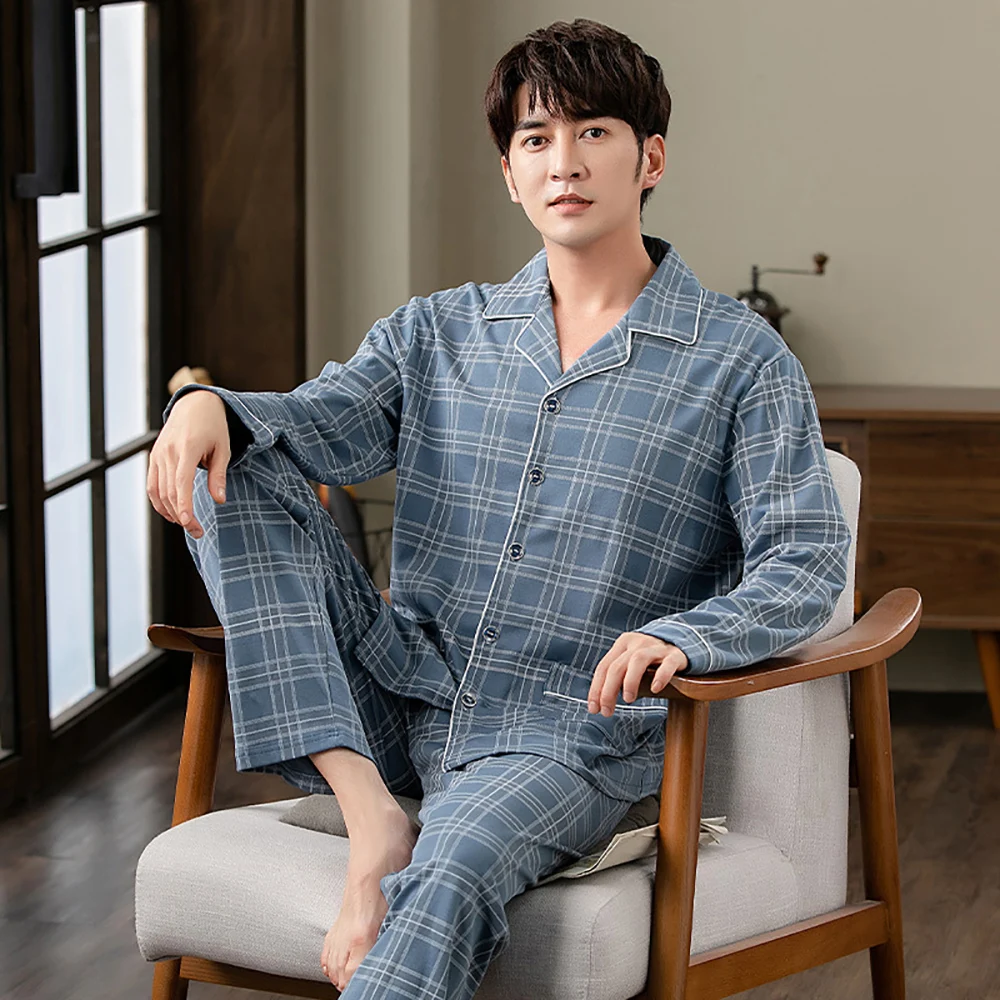 Spring Autumn 100% Cotton Pajamas for Men Casual Plaid Pajama Sets Plus Size Men 4XL Long Sleeve Sleepwear Comfortable Pijama