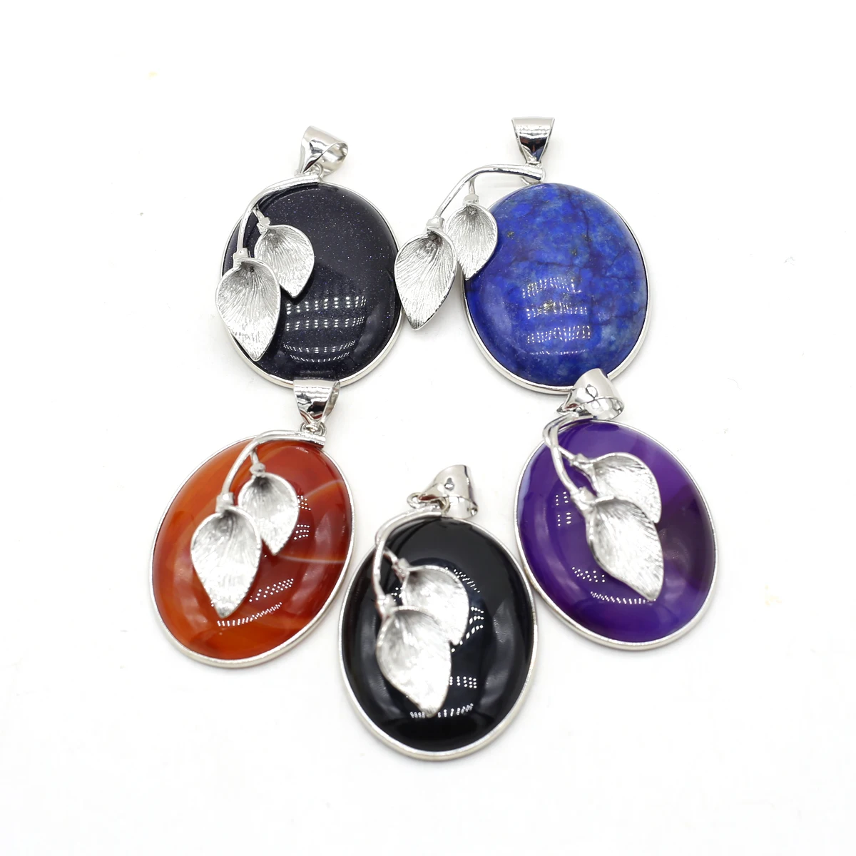 

Natural Stone Pendants Oval Shape Crystal Agate Stone Alloy Base Shell Embellished Charms for Jewelry Making Necklace Bracelet