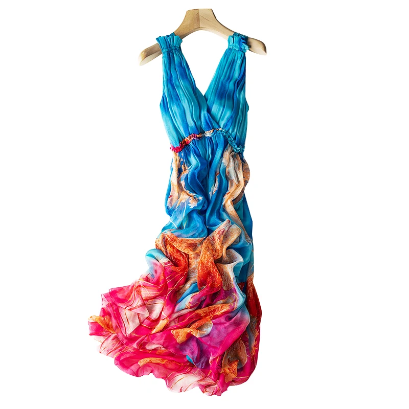 22 Новая модная женская одежда 8 мм шелковое платье с принтом летнее Свободное