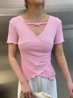pink korean asymmetrical top t shirts women solid tshirts 2022 summer slim basic t shirt short sleeve v neck fashion tops