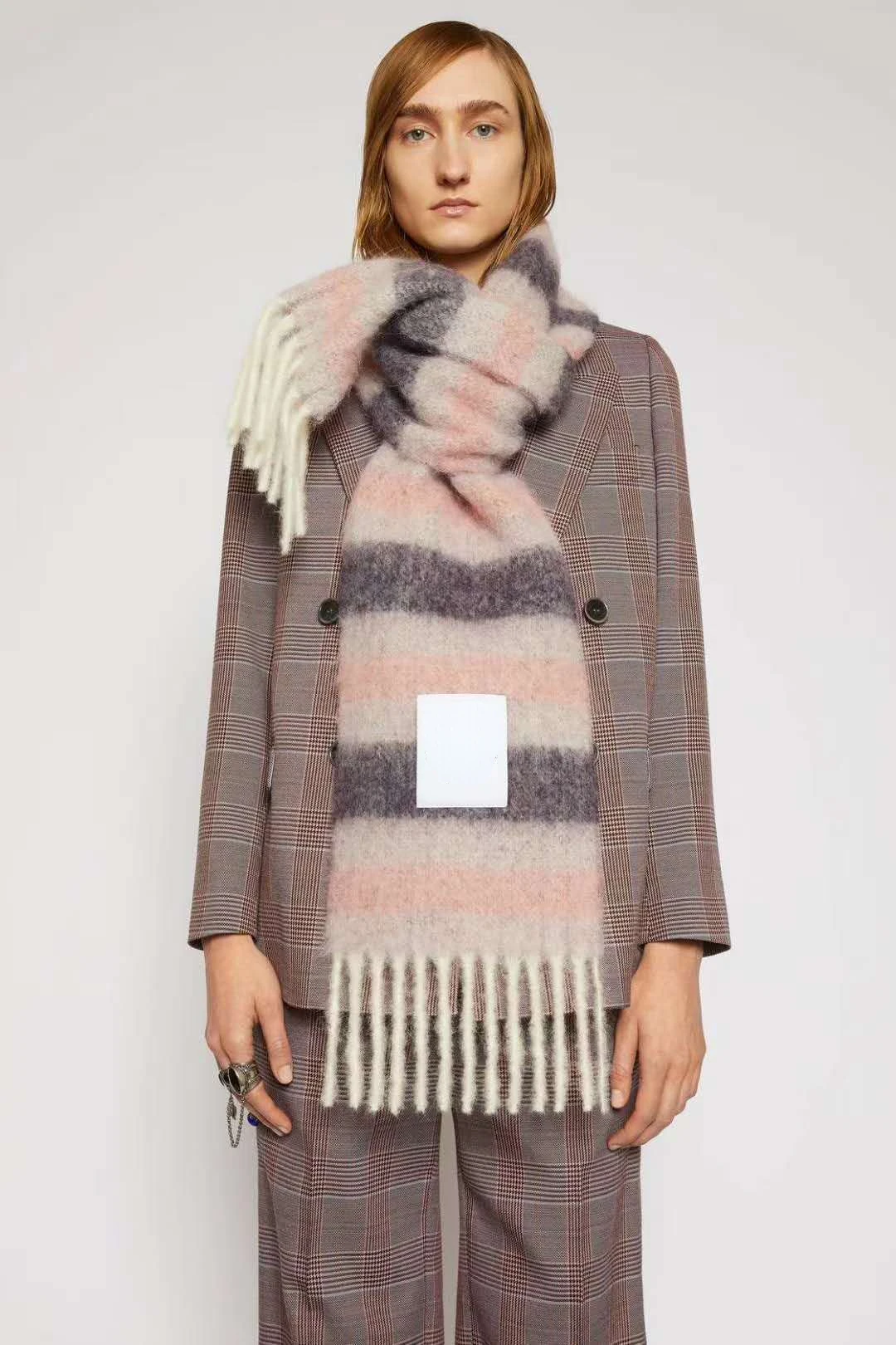 Новинка 2020 Женский кашемировый шарф в полоску AC с бахромой зимний удлиненный