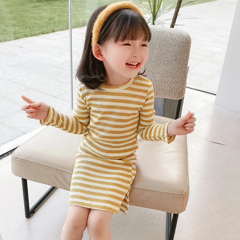 

Spring And Autumn Long Sleeve Girls Versatile Slim Temperament Striped Dress Puff Sleeves Dress Princess Dress