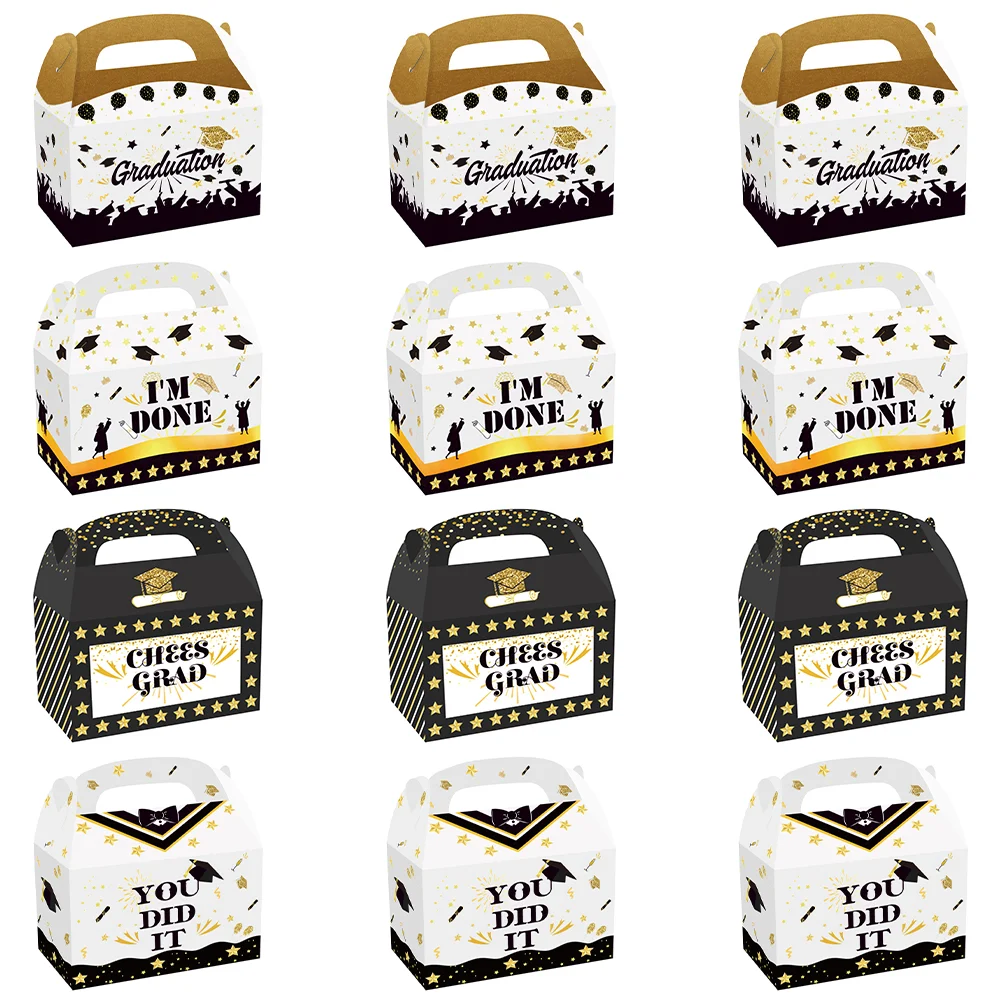 

12PCS Grad Gift Boxes Exquisite Graduation Theme Biscuits Box Packing Box for Grad Party
