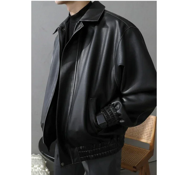 Мужская черная кожаная куртка весенне-осенняя новая свободная мотоциклетная
