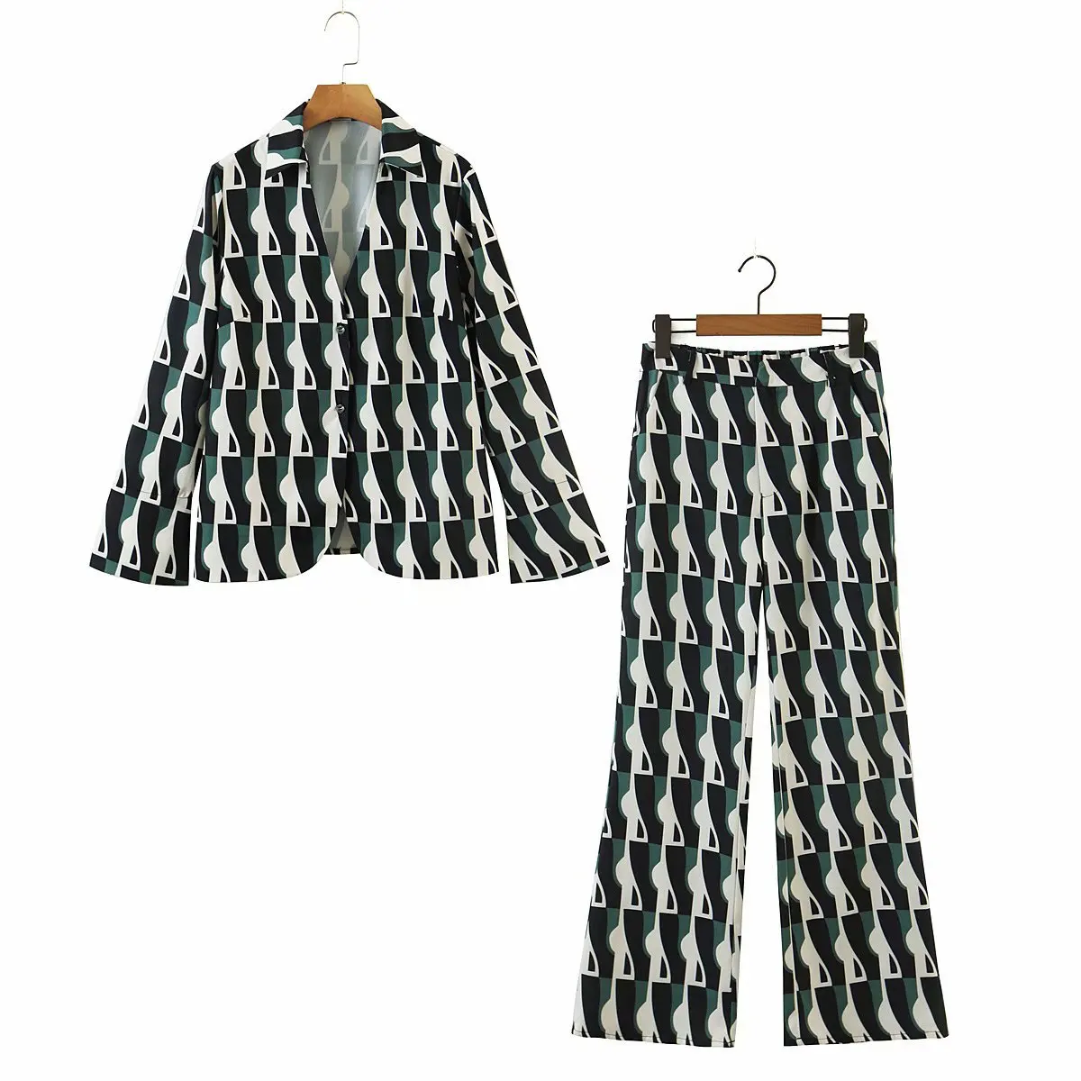

Geometric Green Print Women Pajama Set 2Pcs with Pants Spring Ladies Sleepwear Long Sleeve Pijama Suit Can Be Wear Outside 2022
