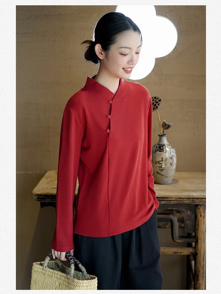 Рубашка в китайском стиле женские зимние топы с воротником-стойкой многослойные