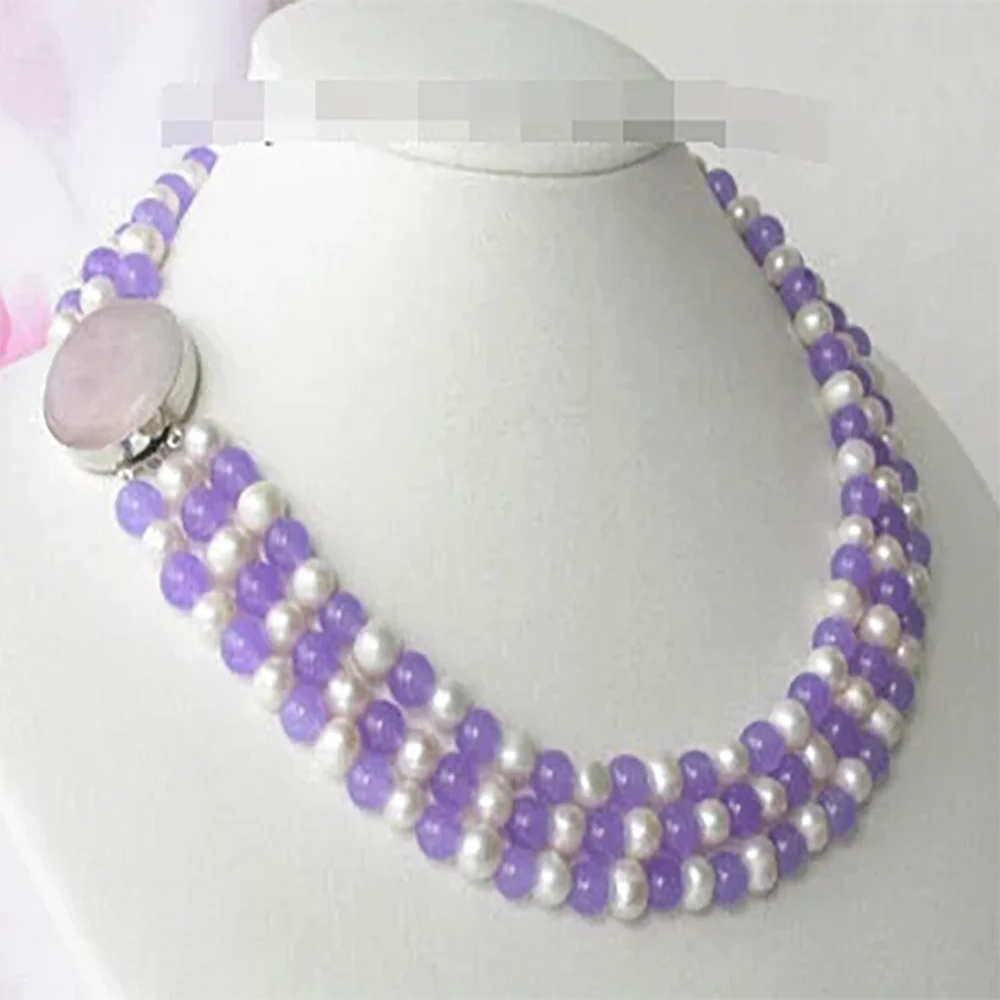 Vogue 3-рядное светло-фиолетовое нефритовое белое жемчужное ожерелье