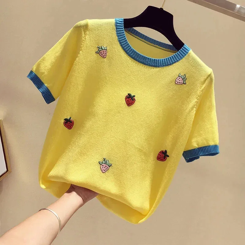 

Cute Tops Mesh T-shirt Female Loose Strawberry Print Bottomed Embroidery Shirt Harajuku Basic Short Sleeve Women Sweaters E46